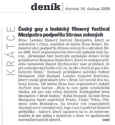 Český gay a lesbický filmový festival Mezipatra podpořila Strana zelených